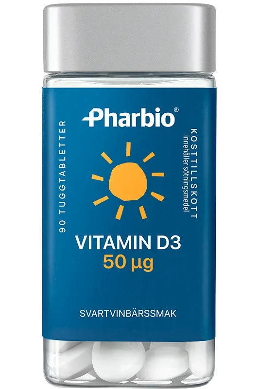 Pharbio Vitamin D 50 µg tuggtabletter svartvinbär sockerfri